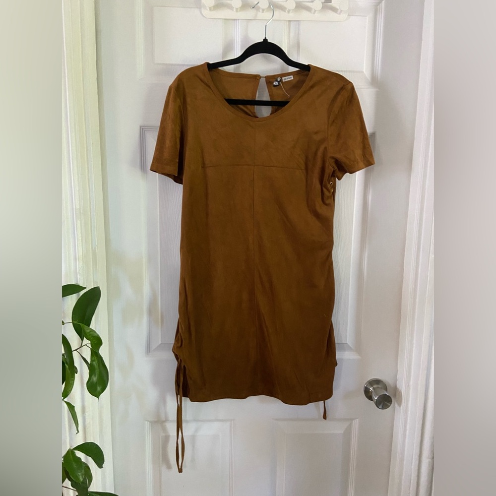 NEW Brown Tan Short Sleeve Suede Dress